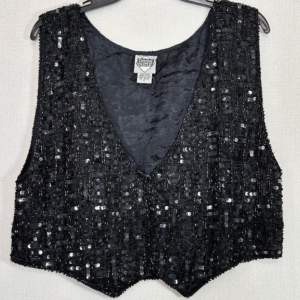 Vintage Black Silk Beaded Sequin Vest Evening Party Top Womens Large